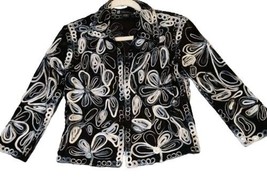 CS Casual Studio Women&#39;s Embroidered Floral Black Stretch Zip  Jacket Size Sz S - £11.92 GBP