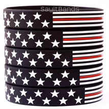 50 Thin Red Line American Flag Wristband Bracelets - USA Flag Fire Fighter Bands - £30.91 GBP