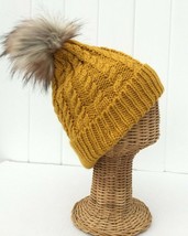 Dark Yellow Knitted Beanie Ski Hat W/ Faux Fur Pom &amp; Plush Lining Stretchy  #J - £10.29 GBP