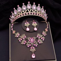 Pink Crystal Bridal Jewelry Set | Rhinestone Crystal Wedding Tiara Earrings Neck - £38.27 GBP