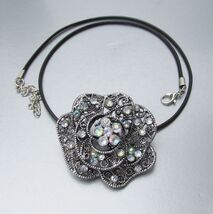AB Rhinestone Silver FLOWER Pendant or Brooch Black Cord Vtg Necklace - $14.80