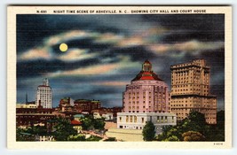 Night Time Scene Of Asheville North Carolina Linen Postcard Unused City Hall NC - £10.88 GBP