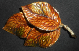 Large Fall 3 Leaf Enamel Pin Brooch Gold Tone Metal Orange Brown Green 3... - $29.69