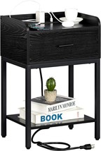 Yaharbo Black Nightstand With Charging Station, Small Side Table For, Bedroom. - £41.05 GBP