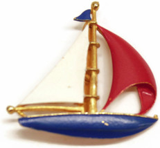 1960s JJ Brooch Lapel Pin Sail Boat Red White Blue Enamel Gold Tone Metal - £15.87 GBP