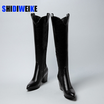 Designer Western Black KneeHigh Boots For Women Pointed Toe Cowboy Boots Chunky  - £59.09 GBP