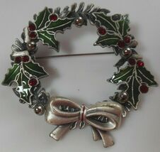 Signed KC Silver-tone Enamel Rhinestone Christmas Holy Wreath Brooch/Pin - $13.85