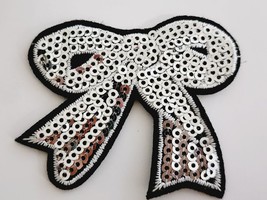 Sequined Silver and Black Bow Shaped Sew-On Patch Super Cute Embellishment Cool - £2.36 GBP