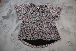 Allison New York Shirt Women Medium Black Pink Floral Short Sleeve Blouse - £17.86 GBP