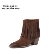 Women Real Leather Cowboy Boots Vintage Fringe Chunky Block Heels Cow Suede Tass - £96.94 GBP