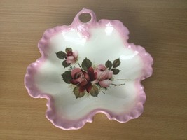 Vintage ceramic candy dish bowl handled pink edge red rose marked L.B be... - €25,58 EUR