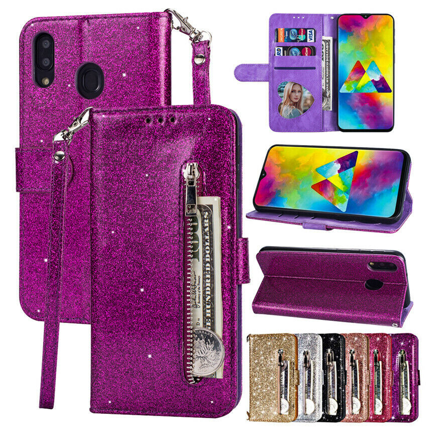For Samsung Galaxy A30 A20 A50 M20 M10 Case Zipper Leather Wallet Glitter Cover