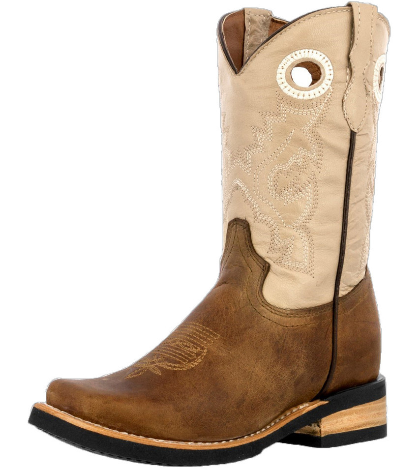 Kids Unisex Genuine Leather Cowboy Boots Light Brown Rodeo Square Toe Si... - $54.44
