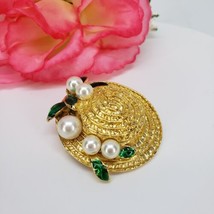 Vintage Green Enamel Faux Pearls Gold Tone Hat Brooch - $18.95