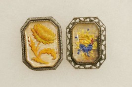 Antique Jewelry Victorian Reverse Carved Glass Hand Painted Floral Brooch Pins - £74.38 GBP