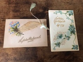 2  1889 Antique Vtg Victorian Beautiful Floral &amp; Feather Birthday Cards Germany - £11.87 GBP