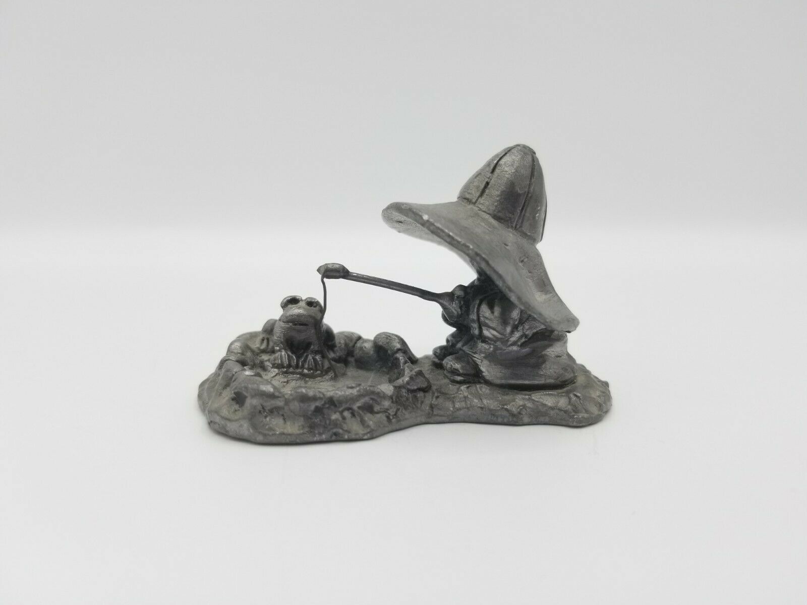 Primary image for Vintage RICKER BARTLETT Pewter Young Boy Fishing with Frog & Rain Hat Figurine
