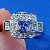 Tanzanite Diamond Deco Style Engagement Ring Halo Solitaire 14k White Gold - $1,880.01