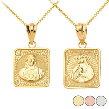 14K Solid Gold Reversible Virgin Mary and Jesus Christ Square Pendant Necklace - £182.72 GBP+