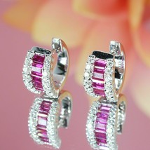 2Ct Emerald Cut Pink Sapphires Diamond Huggie Hoop Earrings 14K White Gold Over - £109.40 GBP