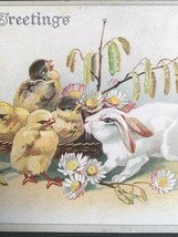 Easter Greetings White Bunny Chick Daisies Embossed Antique Postcard UNP c1910s - £7.84 GBP