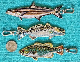 THREE (3) - EMBROIDEDED FISH KEYCHAINS - BASS, TROUT &amp; COBIA - FISHING -... - £4.69 GBP
