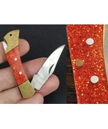 vintage silver metal flake lock back pocket knife red brass - $24.99