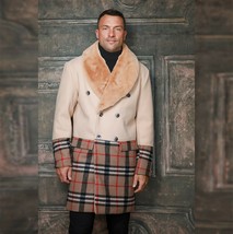 Men&#39;s Fashion Tan Solid Plaid Faux Fur Overcoat - £155.84 GBP