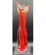 Vintage Stretch Swung 3 Finger Art Glass Bud Vase Red and Clear 9&quot; Tall - $22.91