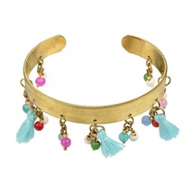 Trendy Blue Tassels Mix Stone Beads Brass Bangle Bracelet Cuff - £9.84 GBP
