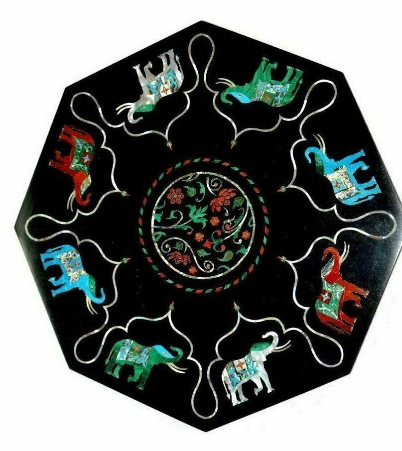 Black Marble Coffee Table Tops Elephant Design Inlay Mosaic Art Garden Decor Item image 2