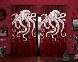 White Octopus, Bloody Red Curtains, Goth Home Decor Window Drapes, Sheer and Bla - £131.09 GBP