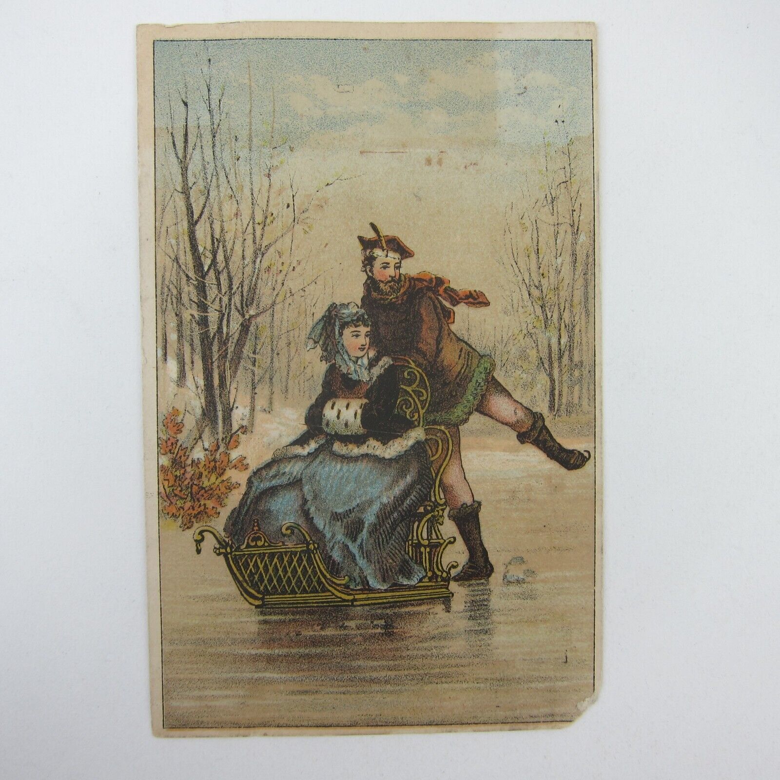 Primary image for Victorian Trade Card Man Ice Skates Woman in Sled Boston & Meriden Clothing CT