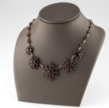 Vintage Bohemian Gilded 800 Silver Garnet Rosette Cluster Necklace 17&quot; Long - $475.20