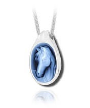 Sterling Silver &amp; Blue Agate Horse Cameo Funeral Cremation Urn Pendant w/Chain - £342.97 GBP