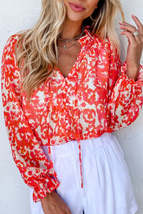 Red Floral Ruffled Notched V-Neck Blouse - £16.07 GBP+