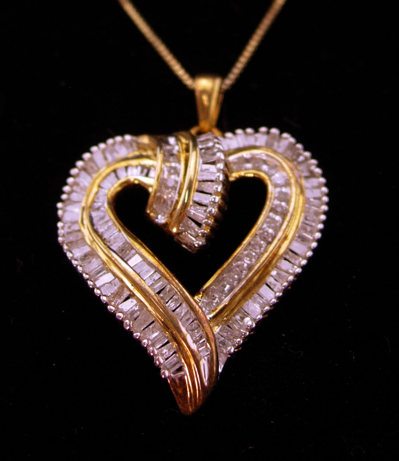 Primary image for Exquisite genuine 100 diamond baguette Heart Pendant necklace - large 14kt gold 