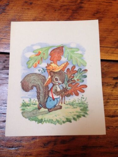 Primary image for Vintage 1940s Brownie Squirrel Farmer Fall Oak Leaves Blank Greeting Card Unused