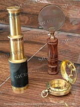 Set Of Magnifying Glass,Brass Telescope &amp; Brass Push Button Sundial Compass - $29.78