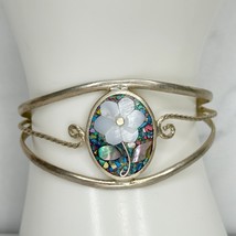 Vintage Alpaca Mexico Silver Tone Mother of Pearl Flower Childs Cuff Bracelet - £15.45 GBP