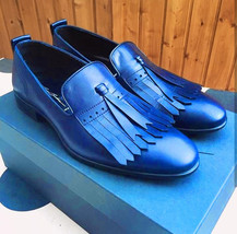 Blue Fringed Loafer Slip Ons Rounded Derby Toe Leather Luxury Real Leath... - $149.99