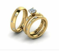 1.50Ct Simulated Diamond Trio Wedding Ring Sets 14k Yellow Gold Plated Silver - £144.68 GBP