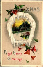 Icicle Border Winter Window Ivy Silver Xmas Christmas Greetings 1910s Postcard - £6.27 GBP