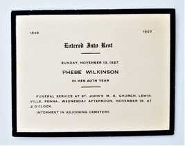 1927 antique DEATH MEMORIAL FUNERAL CARD lewisville pa PHEBE WILKINSON - $38.56