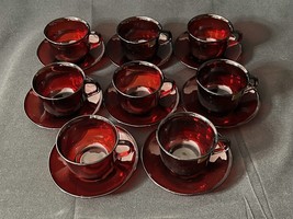 Vintage Arcoroc Ruby Red Glass Cups &amp; Saucers 1960s - Set of 8 - £31.96 GBP
