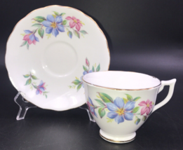 Melba F7 Purple &amp; Pink Flowers Bone China Footed Cup &amp; Saucer Set 5.5&quot; Dia - £8.30 GBP