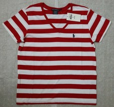 Ralph Lauren Sport Women`s T Shirt L Red White Striped V Neck Short Slee... - £39.90 GBP