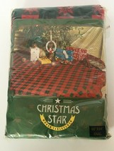 Christmas Star Plaid Tablecloth Vintage 60&quot;x 84&quot; Oval Cotton Red Green H... - $34.91
