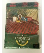 Christmas Star Plaid Tablecloth Vintage 60&quot;x 84&quot; Oval Cotton Red Green H... - £27.58 GBP