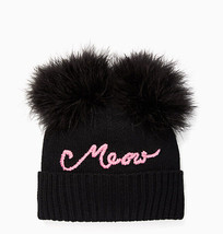 Kate Spade New York Hat Meow Marabou Poms Beanie Black Pink - £51.86 GBP